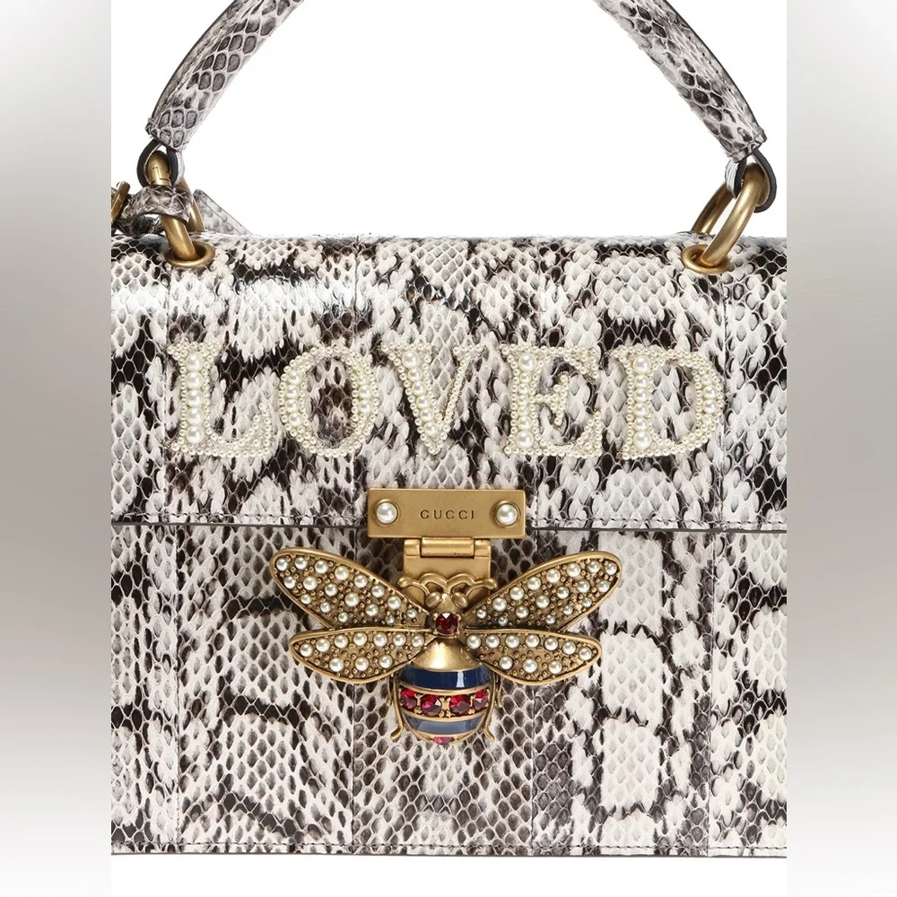 Gucci Black and White Snakeskin 'LOVED' Bee Top Handle Shoulder Bag